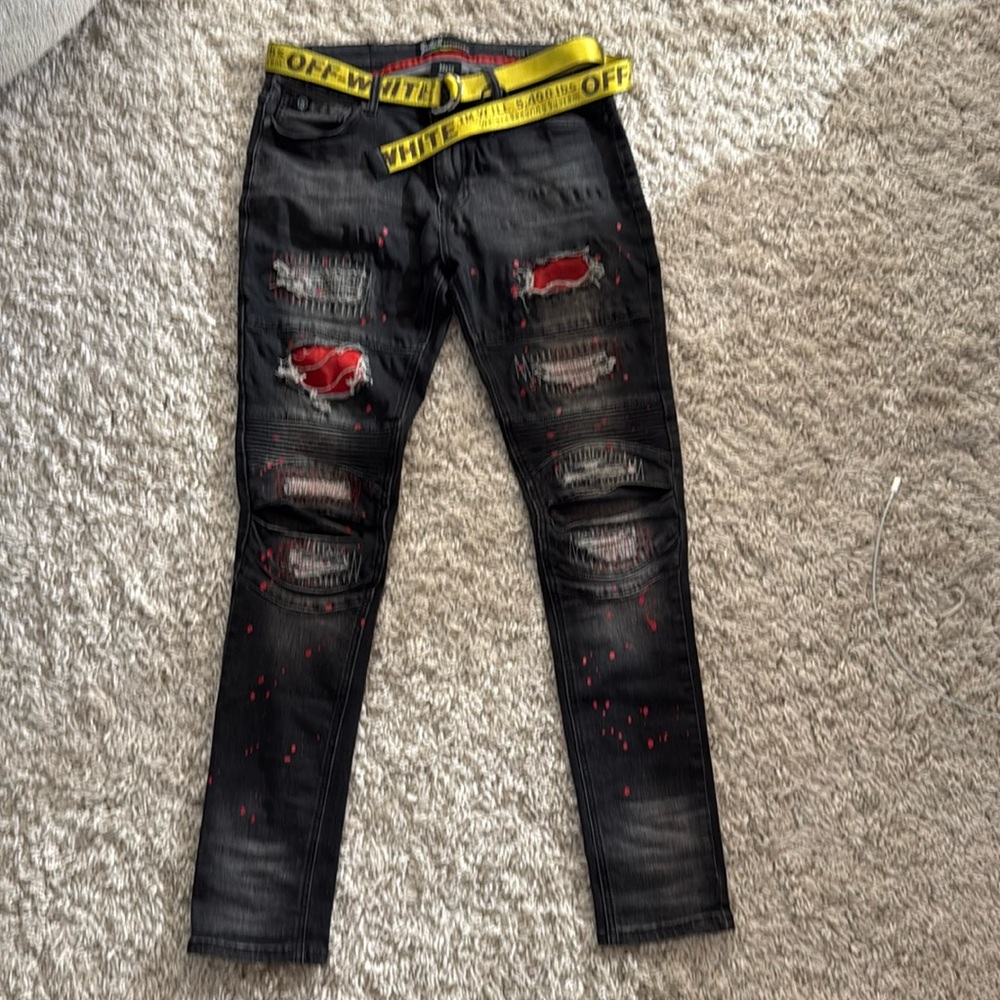 Men's Switch  Distressed stretched Jeans with Rips - (BLK SHADOW W RED PATCH)